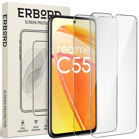 2x Szkło Hartowane do Realme C55, ERBORD 9H Hard Glass, szybka