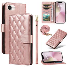 Etui z klapką do iPhone 16E, Rhombus Crossbody Leather, różowe rose gold