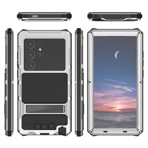 Etui pancerne do Samsung Galaxy S25 Ultra, R-JUST z szklaną ochroną kamery, srebrne