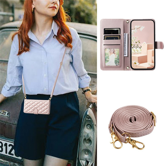 Etui z klapką do Samsung Galaxy S25 FE, Rhombus Crossbody Leather, różowe rose gold