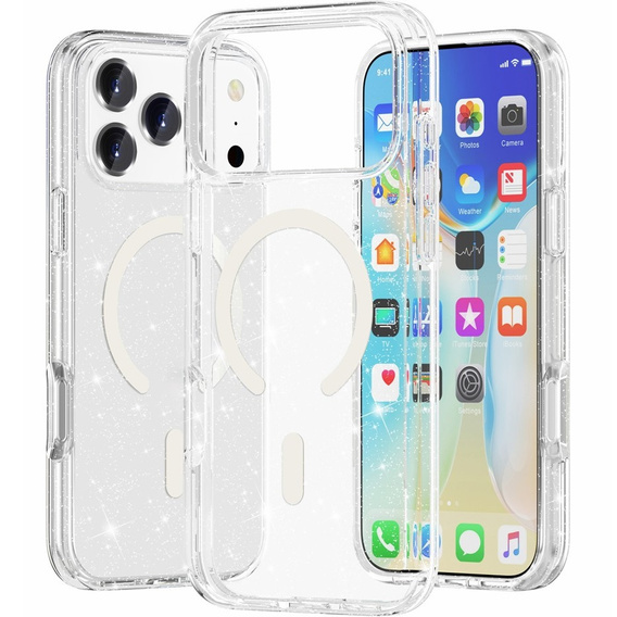 Etui do iPhone 17 Pro, do MagSafe, brokatowe - przezroczyste