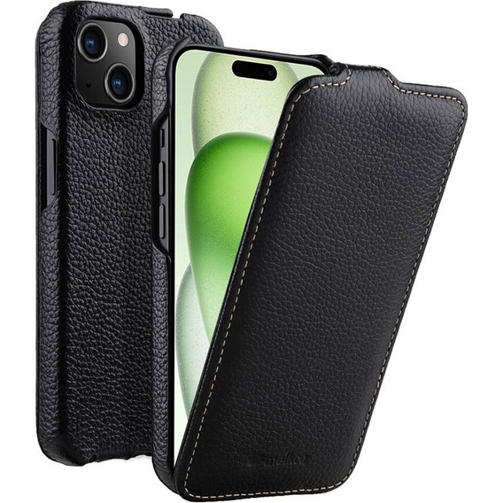 Etui MELKCO z klapką do iPhone 15, skórzane, flip, czarne