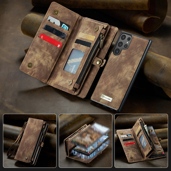 Etui CASEME do Samsung Galaxy S25 Ultra, Retro Leather Wallet, z paskiem, brązowe