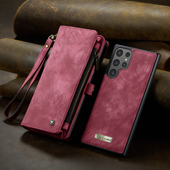 Etui CASEME do Samsung Galaxy S25 Ultra, Retro Leather Wallet, z paskiem, czerwone