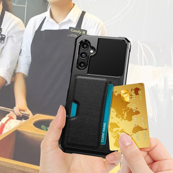 Etui do Samsung Galaxy A15 5G, Card Holder Kickstand, czarne + szkło 9H