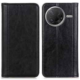 Etui z klapką do Xiaomi Poco F7 Pro / F7 Ultra – czarne, skórzane (split leather), z podstawką i kieszenią na kartę