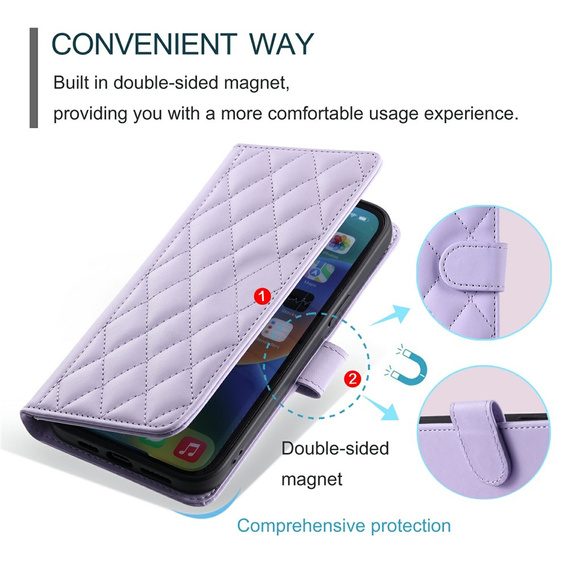 Etui z klapką do Samsung Galaxy S25 FE, Rhombus Crossbody Leather, fioletowe