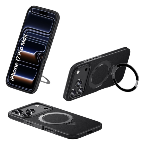 Etui Skórzane do iPhone 17 Pro Max, MagSafe, z podstawką - czarne