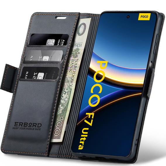 Etui do Xiaomi Poco F7 Ultra, ERBORD Glossy Litchi, portfel z klapką, czarne