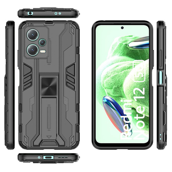 Etui do Xiaomi Redmi Note 12 5G / POCO X5 5G, pancerne z podstawką i ochroną aparatu, czarne