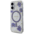 Etui GUESS do iPhone 16, Resin Flowers and Glitter, do MagSafe, fioletowe