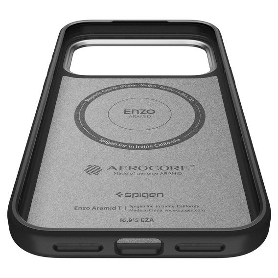 Etui Spigen do iPhone 17 Pro, Enzo Aramid MagSafe, carbon czarne / srebrne