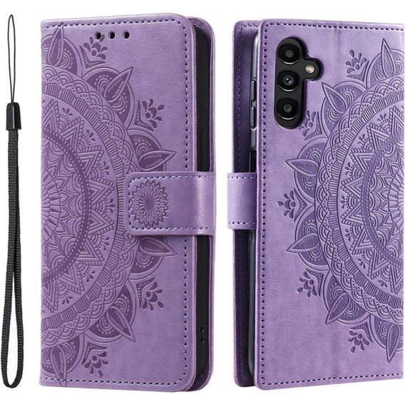 Zestaw Etui do Samsung Galaxy A34 5G, portfel ze wzorem Mandala z klapką, fioletowe + szkło