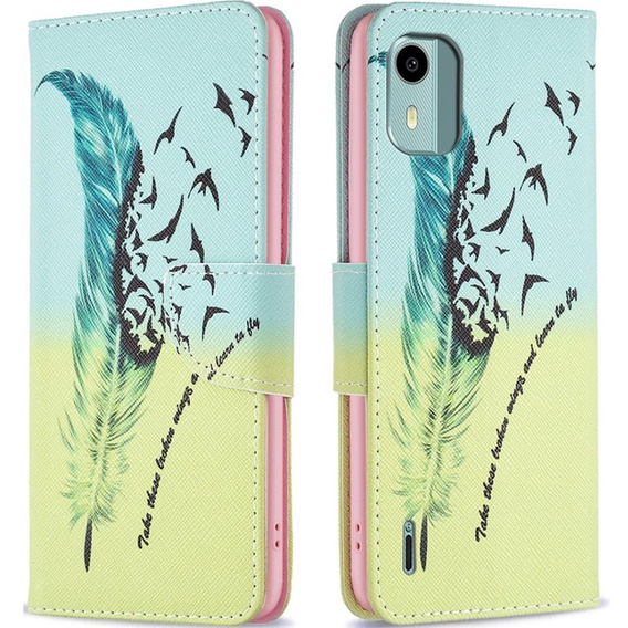 Etui z klapką do Nokia C12 4G, Wallet, Feather niebieskie / żółte