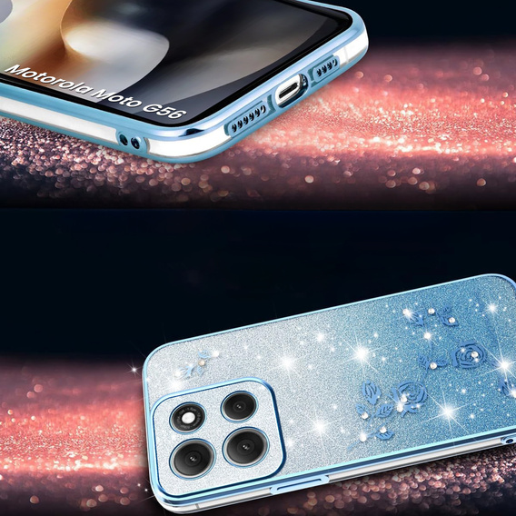 Etui do Motorola Moto G56 5G, Glitter Flower, niebieskie