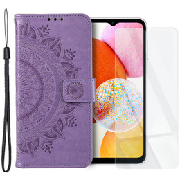Zestaw Etui do Samsung Galaxy A14 4G/5G, portfel ze wzorem Mandala z klapką, fioletowe + szkło
