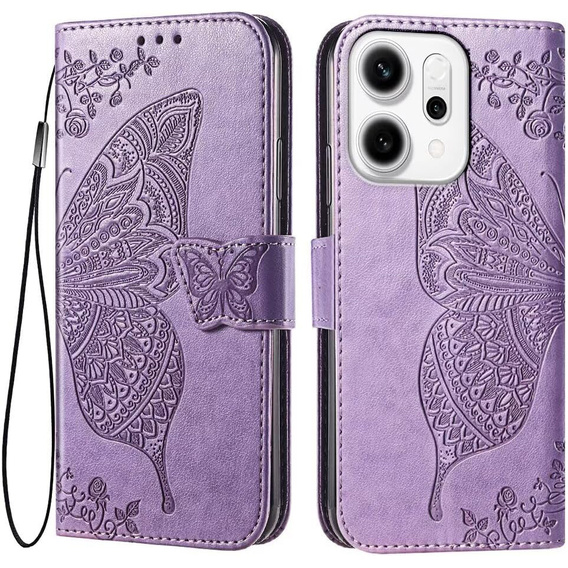 Etui z klapką do Oppo Reno 14, z wytłoczonym wzorem motyla, fioletowe