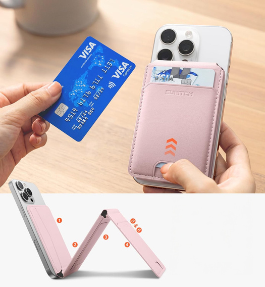 Magnetyczny portfel SURITCH z lokalizatorem Find My, NFC i podstawką – różowy