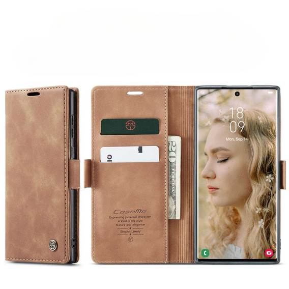 Etui CASEME do Samsung Galaxy S22 Ultra, Leather Wallet Case, brązowe