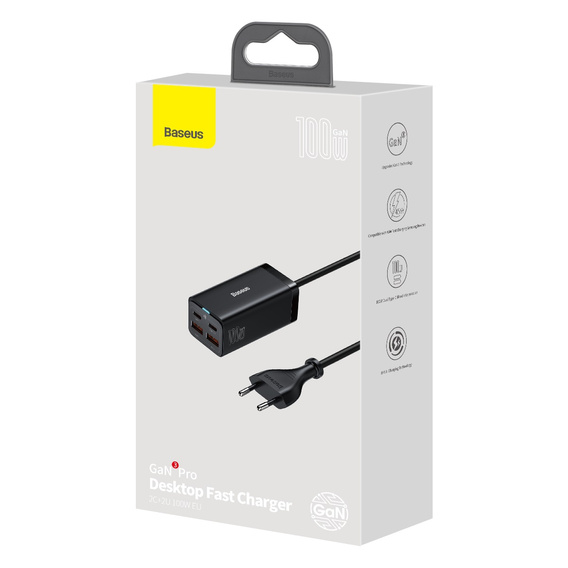 Baseus ładowarka sieciowa GaN3 Pro 100 W, 2× USB-C + 2× USB - czarna