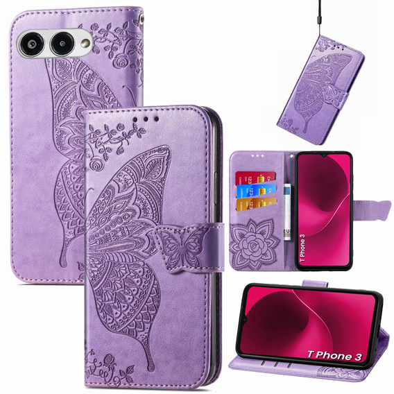 Etui z klapką do T Phone 3 5G, Butterfly, fioletowe