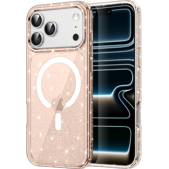 Etui do iPhone 17 Pro, do MagSafe, brokatowe, półprzezroczyste złote