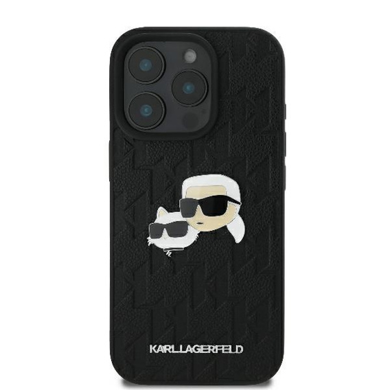 Etui Karl Lagerfeld do iPhone 16 Pro, Monogram Karl & Choupette Head Pin, czarna