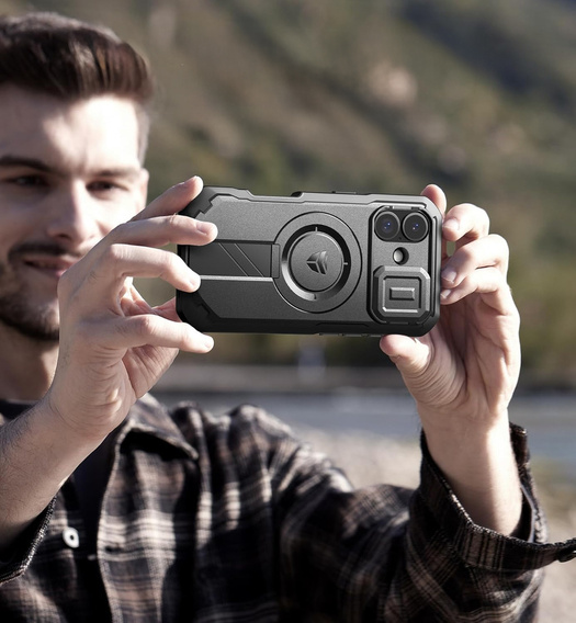 Etui Dexnor do iPhone 17 z osłoną kamery i podstawką, do MagSafe - czarne (Dwie ramki)