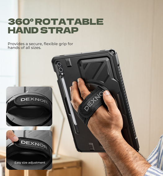 Etui Dexnor 360° do Samsung Galaxy Tab S9+ / S10+, z paskiem i miejscem na rysik - czarne