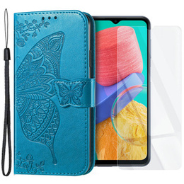 Zestaw Etui z klapką do Samsung Galaxy M33, Motyl, Niebieskie + szkło
