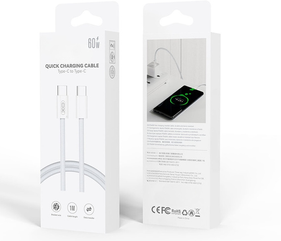 Zestaw Ładowarka Sieciowa 65W GaN 2x USB-C, biała + Nylonowy Kabel USB-C 1M