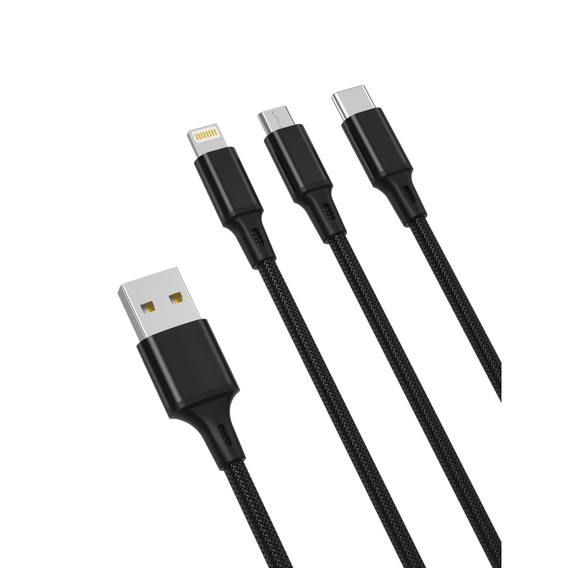 XO NB173 Nylonowy Kabel Micro USB / Typ-C / Lightning 3w1, 1,2m,  Black