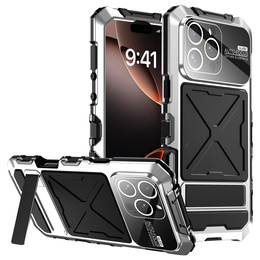 Etui R-Just RJ09-1 do iPhone 16 Pro – srebrne, aluminiowe, z silikonową ramką i szkłem hartowanym
