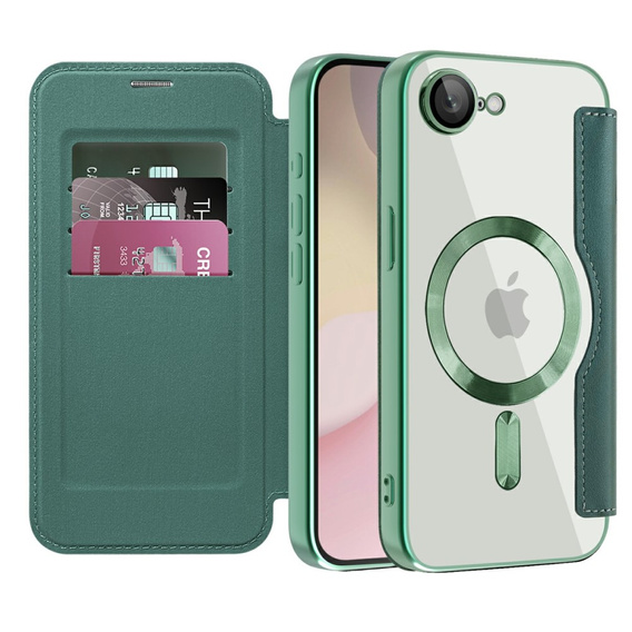 Etui z klapką do iPhone 16E, RFID Wallet MagSafe z ochroną aparatu, zielone