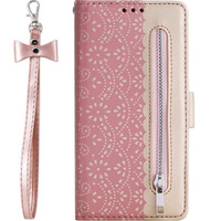 Etui z klapką do Samsung Galaxy A14 4G/5G, Wallet Pocket Zipper Lace, różowe