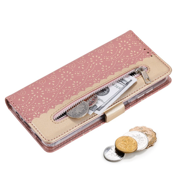 Etui z klapką do Samsung Galaxy A55 5G, Wallet Pocket Zipper Lace, różowe
