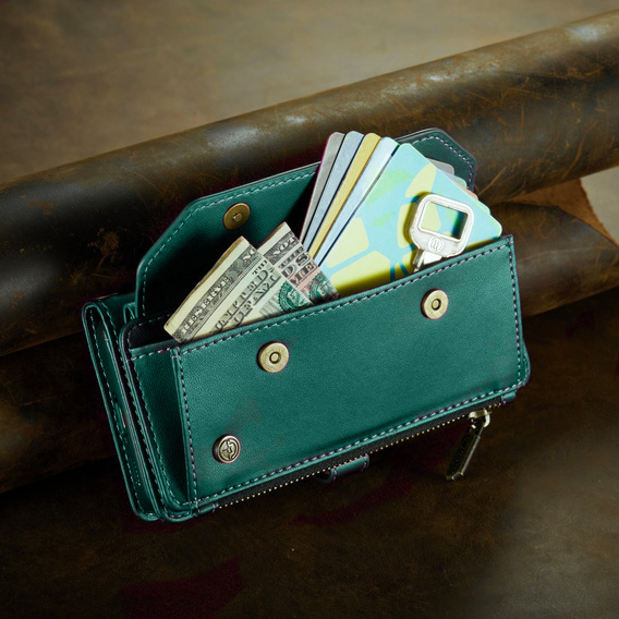 Etui CASEME do Samsung Galaxy S24 FE, RFID Leather Wallet, z paskiem na ramię, zielone
