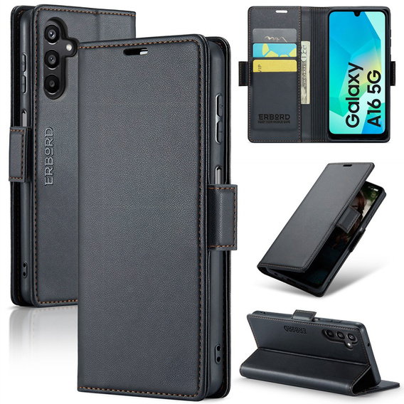 Etui do Samsung Galaxy A16 / A16 5G, ERBORD Glossy Litchi, portfel z klapką, czarne