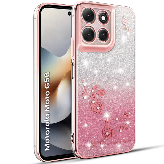 Etui do Motorola Moto G56 5G, Glitter Flower, różowe rose gold