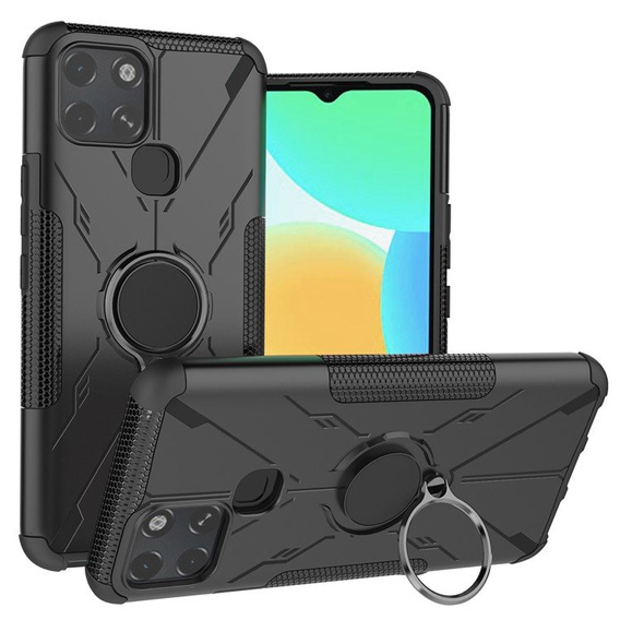 Etui do Infinix Smart 6, Pancerne Shockproof Obudowa KickStand Ring Case, Czarne