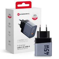 Szybka Ładowarka Sieciowa USB-A / USB-C 3A Forcell 45W PD QC 4.0, szara do Galaxy S23 S24 Ultra