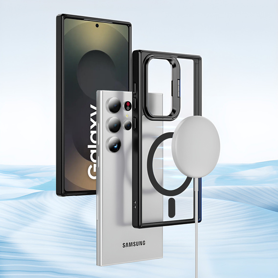 Etui do Samsung Galaxy S25 Ultra, Kickstand Frame, do MagSafe, przezroczyste / czarne + Szkło na ekran