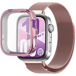 Bransoleta Milanese + Etui z osłoną na ekran do Huawei Watch Fit 4, Różowa