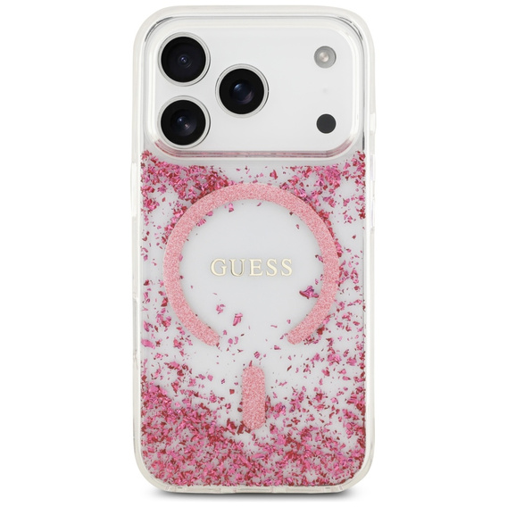 Etui GUESS do iPhone 17 Pro, Resin Bottom Glitter MagSafe, różowa