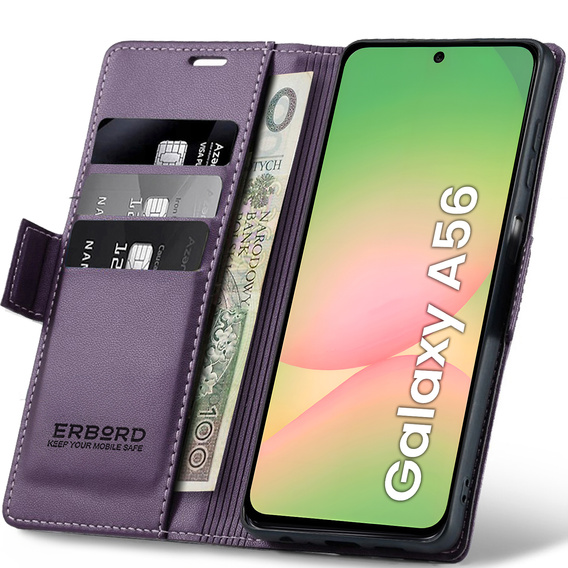 Etui do Samsung Galaxy A56 5G, ERBORD Glossy Litchi, portfel z klapką, fioletowe