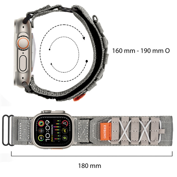 Pasek Nylonowy ERBORD Runner do Apple Watch 1/2/3/4/5/6/7/8/9/10/11/SE Ultra 1/2/3 42/44/45/46/49mm, Szary