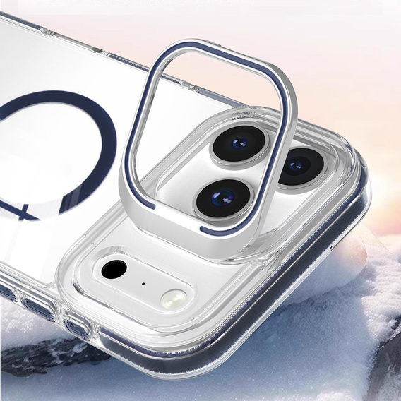 Etui do iPhone 17 Pro Max, do MagSafe, z podstawką, przezroczyste z granatowymi akcentami