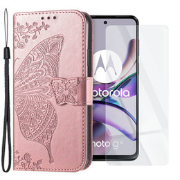 Zestaw Etui do Motorola Moto G23 4G / G13 4G, z klapką portfel, Motyl, Różowe rose gold + szkło