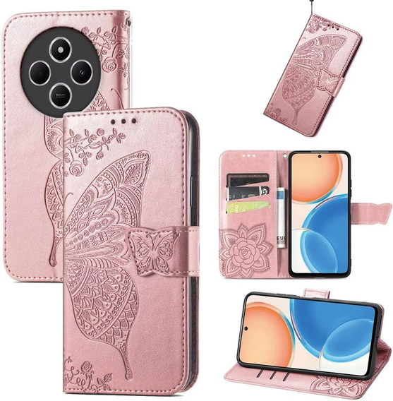 Etui z klapką do Xiaomi Redmi 14C / Xiaomi Poco C75, Butterfly, różowe rose gold