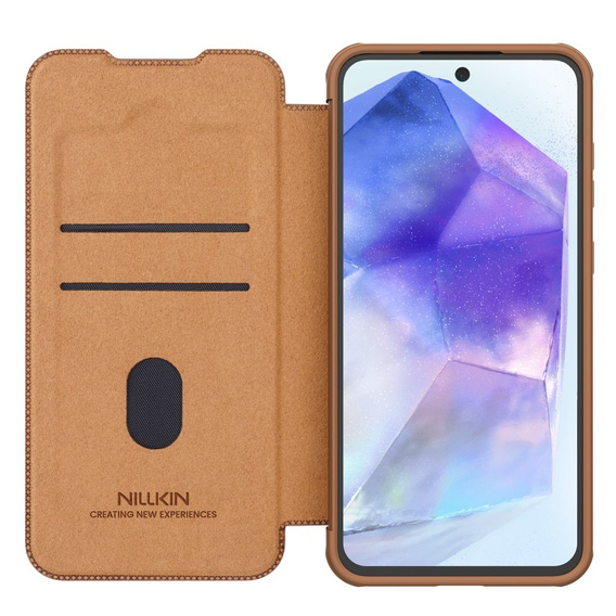 Etui z klapką NILLKIN do Samsung Galaxy A56 5G, CamShield Qin Pro, skórzane, brązowe
